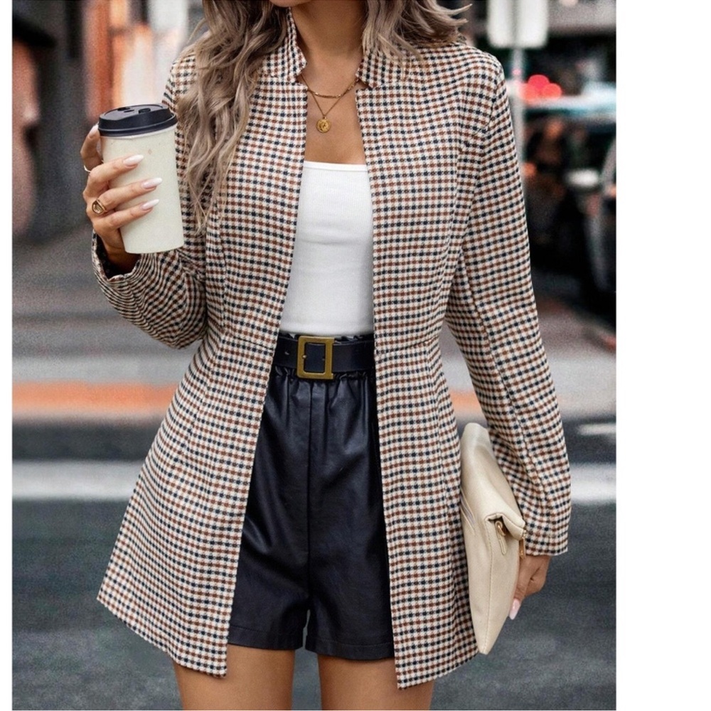 Classic Houndstooth Print Open Front Blazer Jacket S M L XL